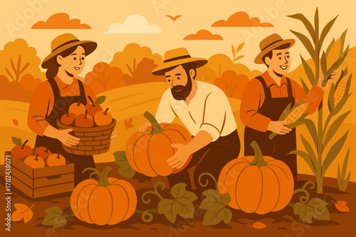 Farmers harvesting pumpkins, apples, and corn during autumn season on a rural farm, fall harvest illustration