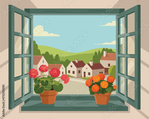 Picturesque rural landscape seen through an open window, adorned with colorful blooming plants