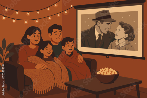 Cozy family movie night illustration with blankets, popcorn, and a classic black-and-white film projected on screen in warm living room