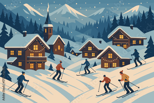 Charming winter village illustration with skiers on snowy slopes, cozy wooden cabins, pine trees, and snow-covered mountains