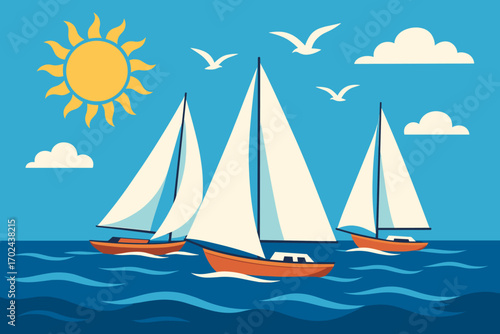 Colorful vector illustration of sailboats on the ocean with sunny sky, seagulls, and clouds on a bright summer day