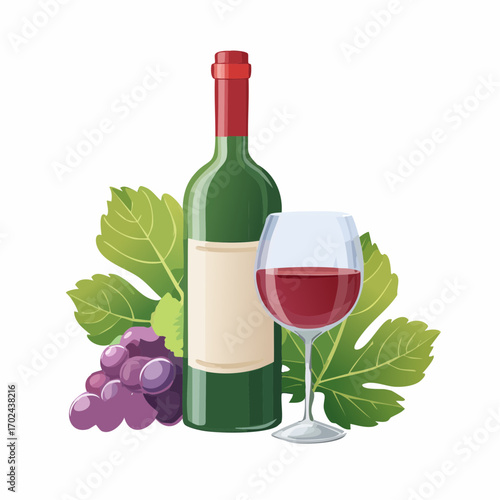 Elegant Wine Bottle Glass and Grapes Composition with Greenery