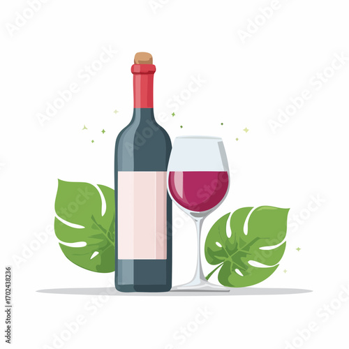 Elegant Wine Bottle and Glass with Tropical Accents