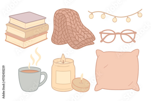 Cozy hygge lifestyle illustration with books, blanket, candles, tea, pillow, and warm lights in soft pastel tones
