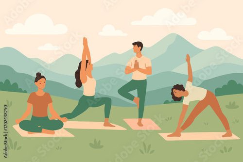 Group of people practicing yoga outdoors in nature with mountains and greenery in a peaceful setting