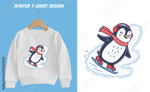 Winter T Shirt Design Featuring a Cartoon Penguin Ice Skating with a Red Scarf