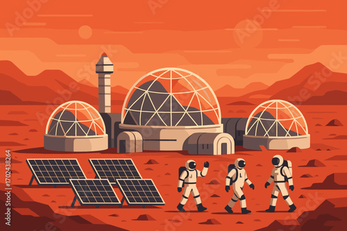 Futuristic Mars colony illustration with astronauts, geodesic habitat domes, solar panels, and red planet landscape