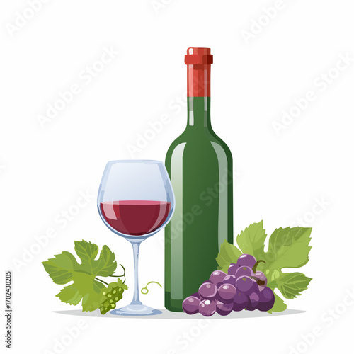 Elegant Wine Glass Bottle and Grapes Composition with Fresh Green Leaves