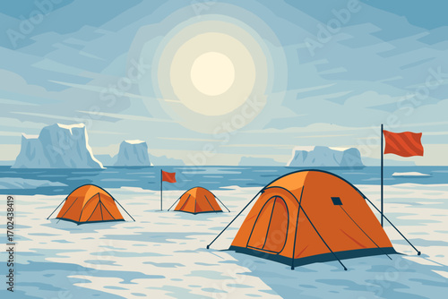 Arctic expedition base camp with orange tents on snowy landscape near icy ocean and icebergs under bright sun
