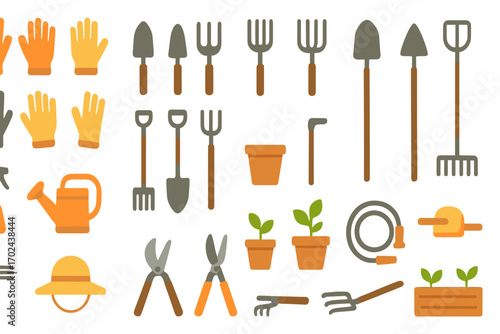Garden tools and equipment icon set including gloves, shovels, rakes, watering can, pots, plants, pruners, and hose