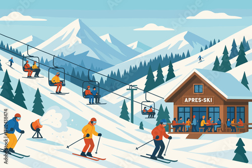 Colorful ski resort illustration with skiers, ski lift, snow-covered mountains, and après-ski lodge