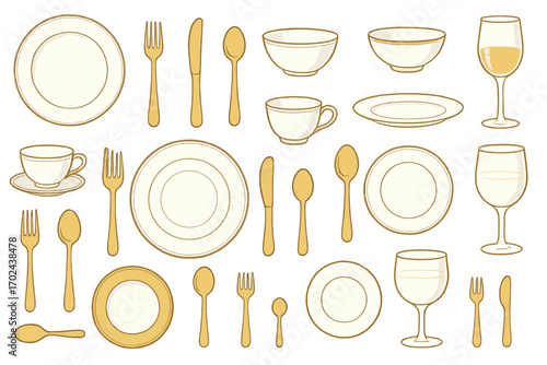 Elegant tableware and cutlery icons set with plates, bowls, cups, spoons, forks, knives, and wine glasses