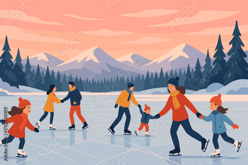 Illustration of families ice skating on a frozen lake surrounded by snowy pine trees and mountains during a winter sunset