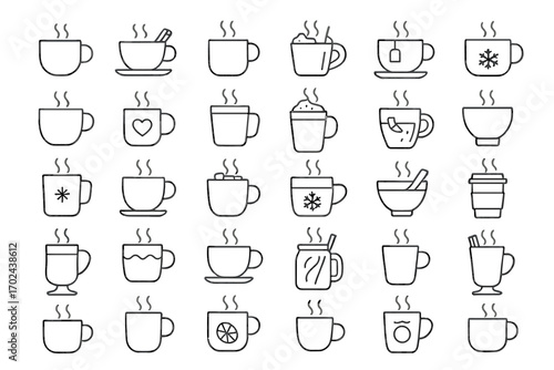 Monochrome Hot Beverage Icons Set Featuring Coffee, Tea, Cocoa, and Mugs with Winter and Love Themes
