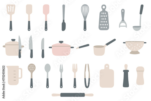 Minimalist Kitchen Utensil Icons in Soft Pastel and Monochrome Style Featuring Knives, Pots, Spatulas, and Cooking Tools