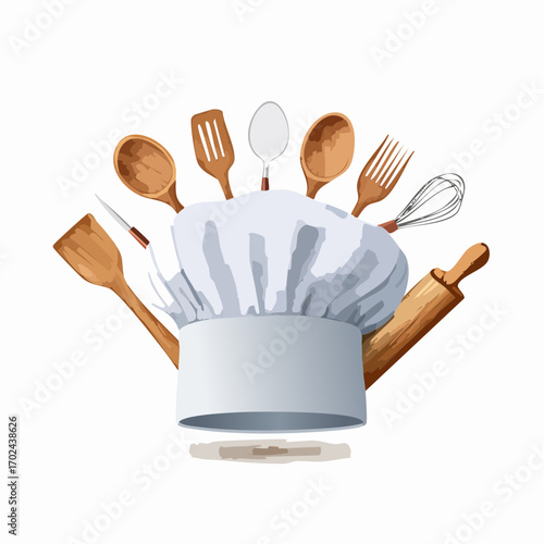 Chefs Hat Surrounded by Wooden Utensils and Silverware Culinary Art
