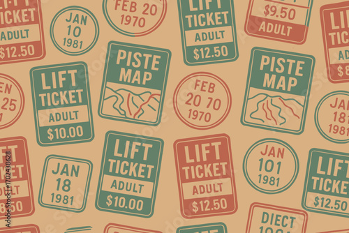 Retro ski lift tickets and piste maps seamless pattern in vintage style with bold typography and muted red and green on kraft paper background