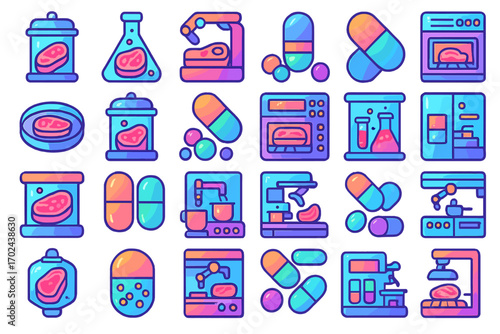 Colorful Gradient Icons of Lab-Grown Meat, Pills, Biotech Equipment, and Food Technology in Futuristic Neon Style
