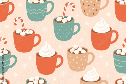 Seamless cozy hot chocolate pattern with marshmallows, whipped cream, and candy canes in colorful mugs, festive winter drink design