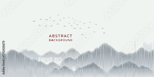 Abstract minimalist landscape with stylized mountains and flock of birds in the sky