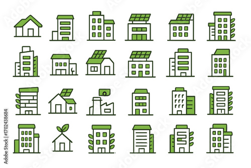 Green eco-friendly building icons set with solar panels and sustainable architecture on green gradient background
