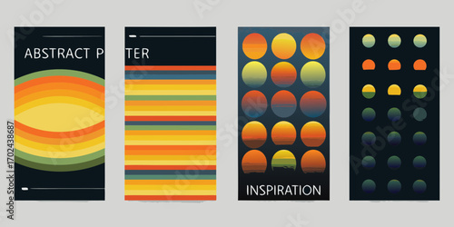 Collection of abstract posters featuring geometric patterns and sunset inspired color palettes