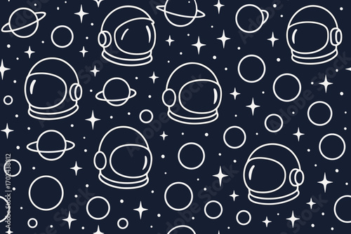 Seamless space pattern with astronaut helmets, planets, stars, and orbits in white outlines on dark background, cosmic exploration illustration