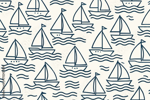 Seamless nautical pattern with hand drawn sailboats and ocean waves, simple line art maritime design in navy blue on light background for fabric, wallpaper and summer decor