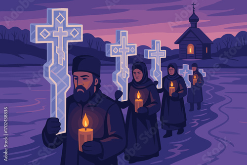 Religious procession illustration with people carrying ice crosses and candles in winter landscape, Orthodox church in background at dusk, spiritual tradition scene