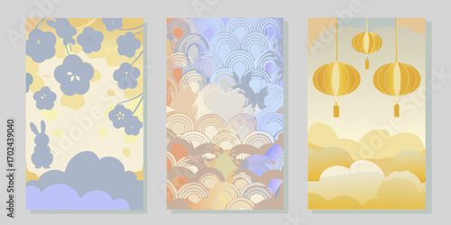 Three panels featuring stylized asian inspired art with floral bunny lanterns and clouds