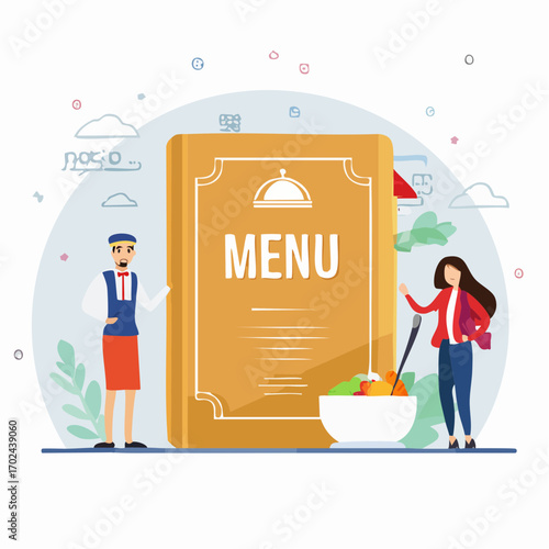 Restaurant Menu with Waiter Customer and Fresh Salad Illustration