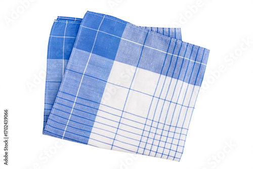 Folded men's handkerchief with checkered and striped patterns, isolated on white background.