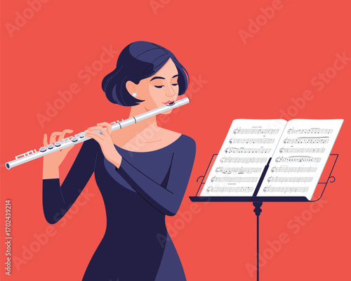 A graceful woman plays a silver flute from sheet music. Vector illustration of a classical musician