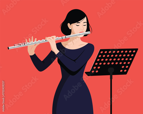 Elegant Woman Playing the Flute on a Red Background A Musical Illustration