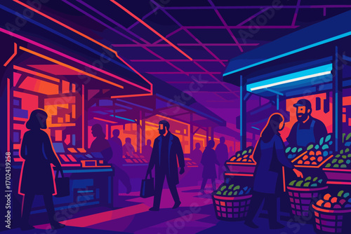 Colorful neon illustration of a bustling night market with shoppers and fruit vendors under glowing lights