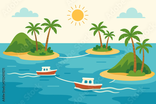 Tropical island hopping illustration with palm trees, sunny skies, and boats sailing between lush islands