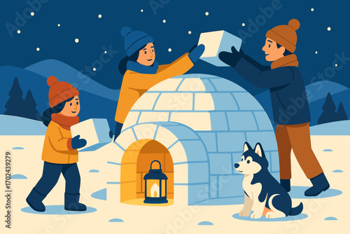 Family building an igloo together on a snowy winter night with husky dog and lantern light