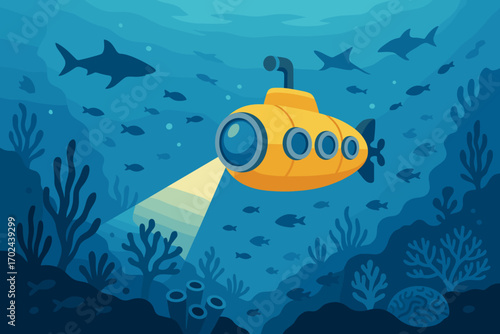 Yellow cartoon submarine exploring underwater ocean scene with fish, sharks, coral reef, and sea life