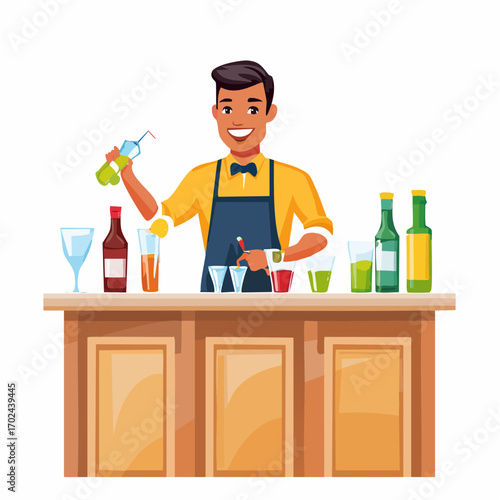 Cheerful Bartender Crafting Cocktails Behind a Wooden Bar with Bottles and Glasses