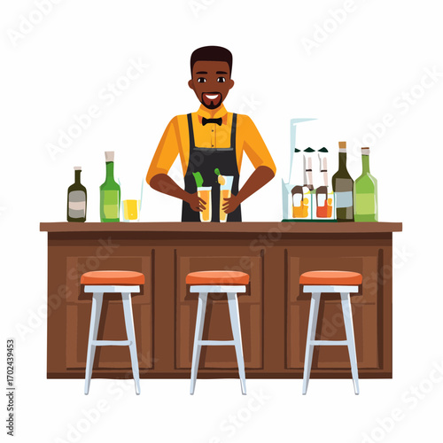 Smiling Bartender Crafting Cocktails Behind a Wooden Bar with Stools