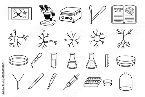 Black and white neuroscience and lab equipment icon set featuring neurons, microscopes, flasks, and scientific tools