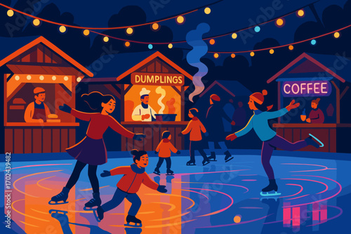 Festive winter ice skating scene with families, food stalls, and string lights at night, colorful illustrated holiday market