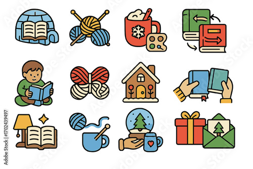 Cozy winter hobby icons including books, yarn, hot drinks, gifts, and holiday home scenes, colorful hygge illustration set