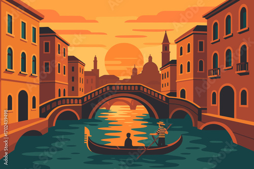 Romantic gondola ride through Venice canal at sunset, scenic Italian cityscape illustration with bridge and architecture
