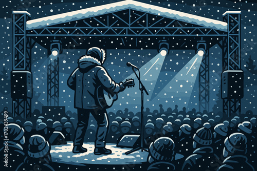 Musician performing on outdoor winter stage in snowfall, cozy night concert illustration with crowd in warm clothes