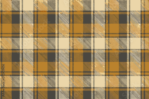 Seamless vintage plaid pattern in mustard yellow, cream, and charcoal gray with classic tartan textile texture