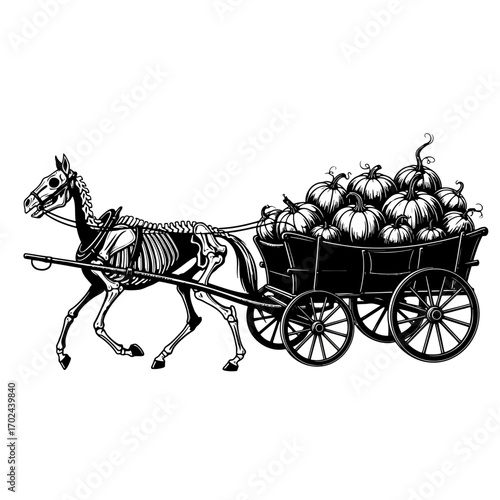 Skeleton horse pulling wagon full of pumpkins silhouette isolated on white background
