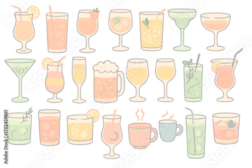 Cartoon set of various drinks and cocktails in glasses on colorful gradient background, hand-drawn beverage illustration