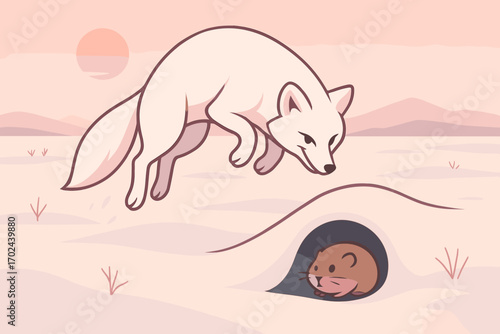 Cute arctic fox pouncing on prey hidden under snow in winter tundra at sunset, wildlife hunting behavior illustration
