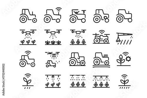 Smart farming and agricultural technology icon set on dark background featuring tractors, drones, irrigation systems, crop monitoring, and precision agriculture